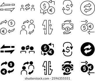 A set of simple exchange icons representing currency, trade, finance, and transactions. Ideal for fintech, banking, and business applications. Flat design, vector format.