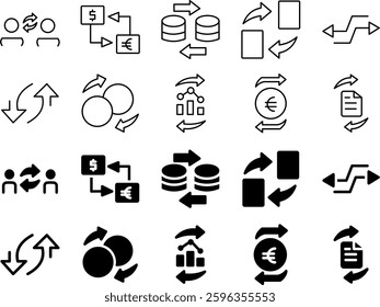 A set of simple exchange icons representing currency, trade, finance, and transactions. Ideal for fintech, banking, and business applications. Flat design, vector format.