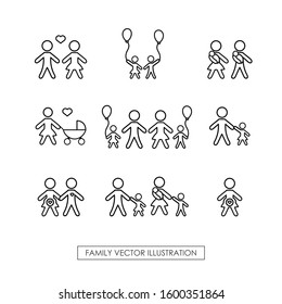 Set of simple family icons. Minimalist family icons. Couple, pregnant woman, newborn, young children and parents.