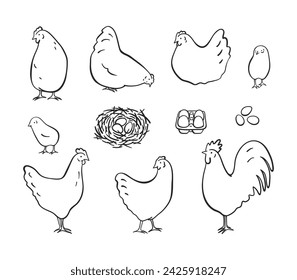 Set of simple farm animals illustrations - hens, chicks, rooster and eggs