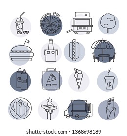 Set of simple fast food icons. Outline stroke vector illustration with colorful circles.
