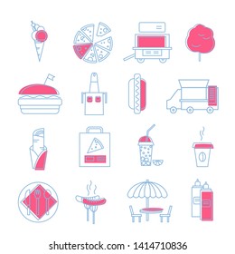 Set of simple fast food icons. Outline stroke illustration with colorful spots. 