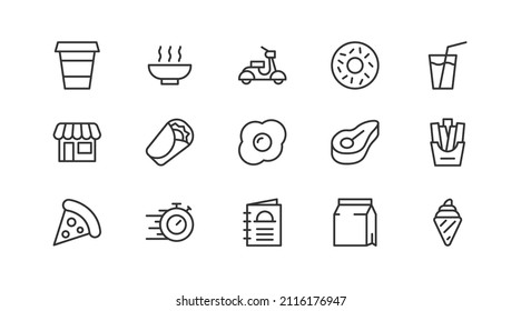 Set of simple fast food line icons. Outline stroke object. Linear signs pack. Perfect for web apps and mobile.