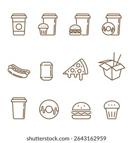 Set of simple fast food linear icons isolated on transparent background. Coffee cups, burger, pizza, hot-dog, donut and etc. line icons. Coffee to go, street food line icons. Editable stroke.