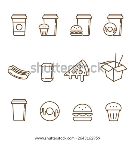 Set of simple fast food linear icons isolated on transparent background. Coffee cups, burger, pizza, hot-dog, donut and etc. line icons. Coffee to go, street food line icons. Editable stroke.