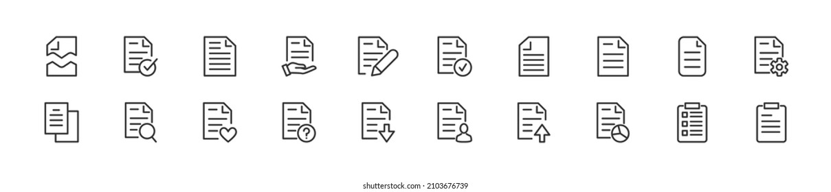 Set von einfachen Dateizeilensymbolen. Strich-Objekt in Umrissen. Paket mit linearen Schildern. Perfekt für Web-Apps und mobile Anwendungen.