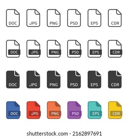 Set of simple file type in flat style. File extensions vector illustration. Files type and document types. Popular file formats sign isolated from the background. EPS 10.