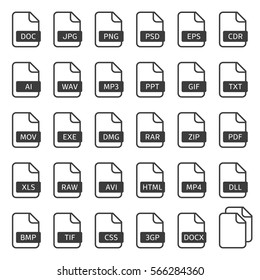 Set of simple file type in flat style. File extensions vector illustration. Files type and document types. Popular file formats sign isolated from the background. EPS 10.