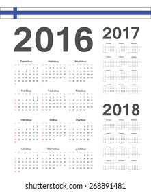 Set of simple Finnish 2016, 2017, 2018 year vector calendars. Week starts from Sunday.