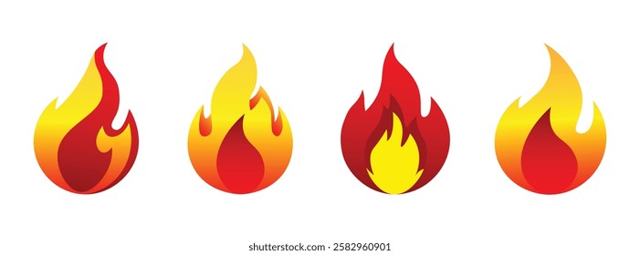 Set of simple fire icons in gradient colors, flame, Bonfire Silhouettes, fire icons for design, logotypes, branding, illustrations and graphic design resources, vector illustration in flat style.