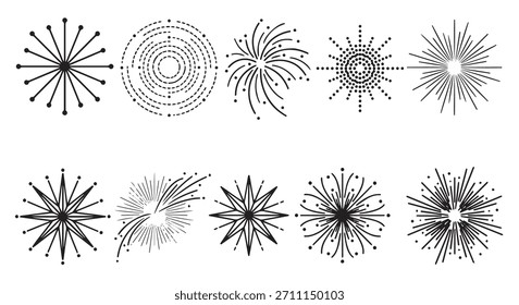 Conjunto de ícones simples de explosão de fogo de artifício. Elementos vetoriais de celebração em preto e branco isolados sobre um fundo branco