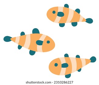 Set of simple fish cloun with fins. decorative elements of marine animals, underwater fauna cartoon sea symbol for travel design, greeting card, invitation