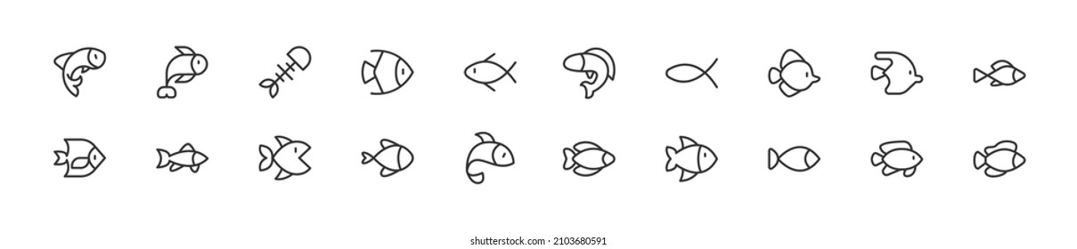 Set of simple fish line icons. Outline stroke object. Linear signs pack. Perfect for web apps and mobile.