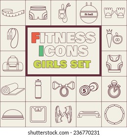 Set of simple fitness thin line icons for girls. Vector illustration of sport symbols in flat style on squares background