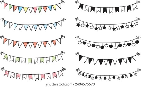 Set of simple flag hand drawn frames.Garland of flags. Doodle freehand illustration. Vector. Holiday decoration.Garland of flags draw.