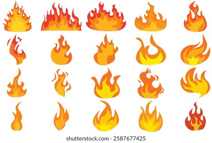 Set of simple flame vector icons. Campfire flame, fire flames, fireball, wildfire and red hot bonfire, red fiery flames.