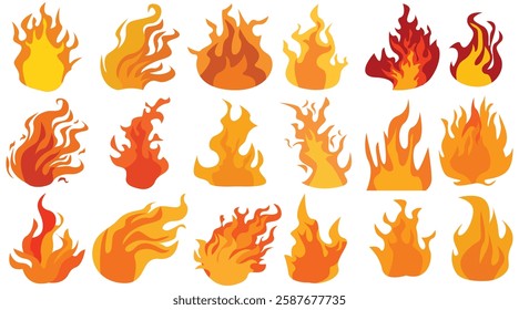 Set of simple flame vector icons. Campfire flame, fire flames, fireball, wildfire and red hot bonfire, red fiery flames.