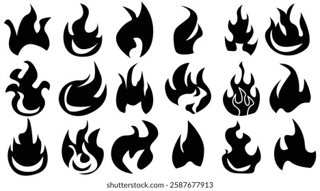 Set of simple flame vector icons. Campfire flame, fire flames, fireball, wildfire and black hot bonfire, red fiery flames.