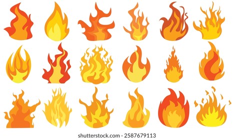 Set of simple flame vector icons. Campfire flame, fire flames, fireball, wildfire and red hot bonfire, red fiery flames.