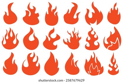 Set of simple flame vector icons. Campfire flame, fire flames, fireball, wildfire and red hot bonfire, red fiery flames.