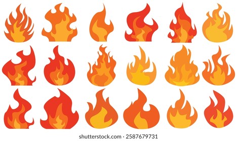 Set of simple flame vector icons. Campfire flame, fire flames, fireball, wildfire and red hot bonfire, red fiery flames.