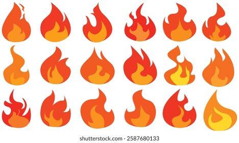 Set of simple flame vector icons. Campfire flame, fire flames, fireball, wildfire and red hot bonfire, red fiery flames.