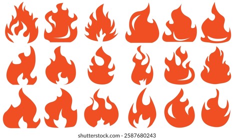 Set of simple flame vector icons. Campfire flame, fire flames, fireball, wildfire and red hot bonfire, red fiery flames.