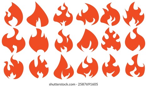 Set of simple flame vector icons. Campfire flame, fire flames, fireball, wildfire and red hot bonfire, red fiery flames.