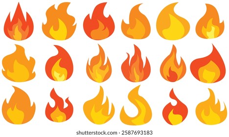 Set of simple flame vector icons. Campfire flame, fire flames, fireball, wildfire and red hot bonfire, red fiery flames.