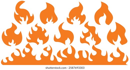 Set of simple flame vector icons. Campfire flame, fire flames, fireball, wildfire and red hot bonfire, red fiery flames.