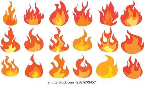 Set of simple flame vector icons. Campfire flame, fire flames, fireball, wildfire and red hot bonfire, red fiery flames.