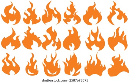 Set of simple flame vector icons. Campfire flame, fire flames, fireball, wildfire and red hot bonfire, red fiery flames.