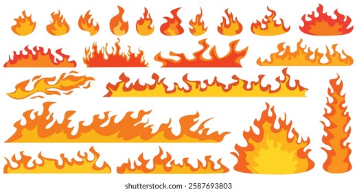 Set of simple flame vector icons. Campfire flame, fire flames, fireball, wildfire and red hot bonfire, red fiery flames.