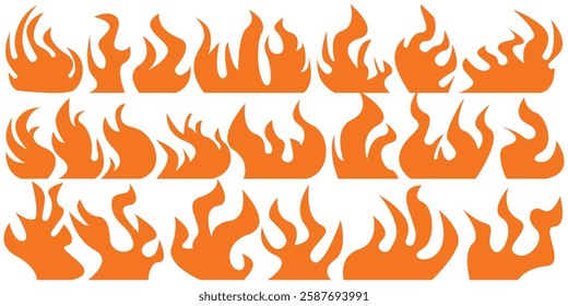 Set of simple flame vector icons. Campfire flame, fire flames, fireball, wildfire and red hot bonfire, red fiery flames.