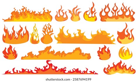 Set of simple flame vector icons. Campfire flame, fire flames, fireball, wildfire and red hot bonfire, red fiery flames.