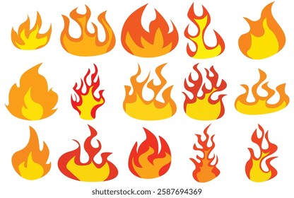 Set of simple flame vector icons. Campfire flame, fire flames, fireball, wildfire and red hot bonfire, red fiery flames.