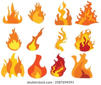 Set of simple flame vector icons. Campfire flame, fire flames, fireball, wildfire and red hot bonfire, red fiery flames.