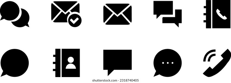 Eine Reihe von einfachen, flachen schwarzen Symbolen. Silhouette eines Telefonhörers, Briefumschlag, Kontaktbuch und andere Elemente. Vektorgrafik.