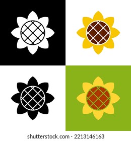 Set of simple flat bright yellow, black and white sunflower vector, summer harvest flower pictogram, icon, simple logo
