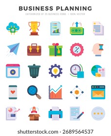 Conjunto de iconos de planificación de negocios planos simples. Paquete de iconos de arte plano. Ilustración vectorial.