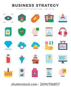 Conjunto de ícones simples de estratégia plana de negócios. Pacote de ícones de arte plana. Ilustração vetorial.