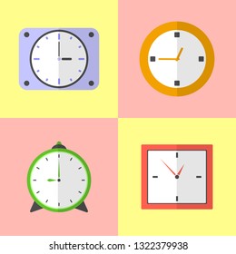A set of simple, flat clocks: alarm clock, wall clock, table mechanical clock. Collection for interior decoration of houses and apartments