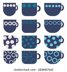 Set of simple flat cups with geometric patterns, blue drink mugs with circles, hexagons and stars, cozy dishes vector illustration for design and creativity