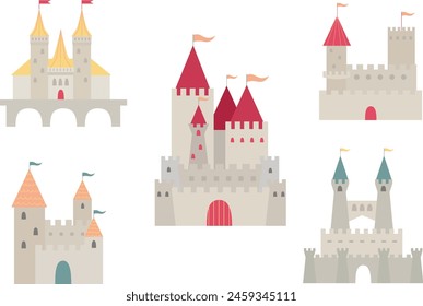 Set of simple flat design grand castles. Castle, fairy tale. medieval buildings fortress fantasy gothic architecture towers for kings and queens.