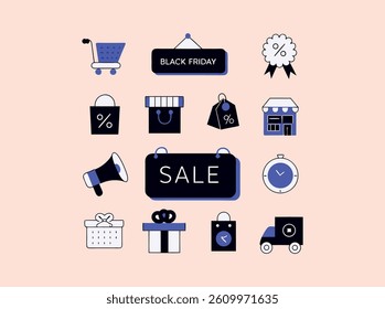 A set of simple, flat design icons representing various aspects of Black Friday sales. A set of simple, flat design icons representing various aspects of Black Friday sales. vector design .