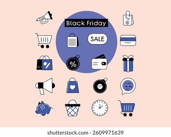 A set of simple, flat design icons representing various aspects of Black Friday sales. A set of simple, flat design icons representing various aspects of Black Friday sales. vector design .