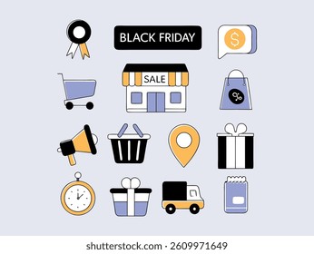 A set of simple, flat design icons representing various aspects of Black Friday sales. A set of simple, flat design icons representing various aspects of Black Friday sales. vector design .