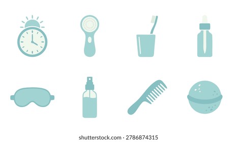 A set of simple, flat design icons representing various personal care and hygiene items, including an alarm clock, mirror, toothbrush, lotion bottle, eye mask, spray bottle, comb, and a soap dish.