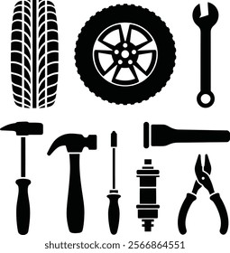 A set of simple, flat design silhouette icons of automobile spare parts on a white background. There are icons for a tire, a wrench, a hammer, a screwdriver, a pliers, and a spark plug.