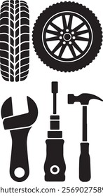 A set of simple, flat design silhouette icons of automobile spare parts on a white background